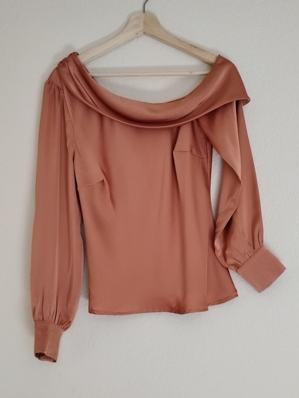 Astr Off-Shoulder Satin Blouse in Rust Copper